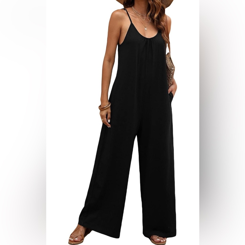 Black Bohemian Backless Loose Wide Leg Cami Ling Pant Jumpsuit Size XS NWT - Picture 4 of 7